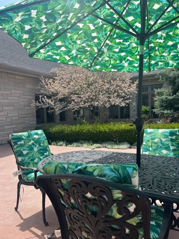 Picture of an outside sitting area with shade and a garden